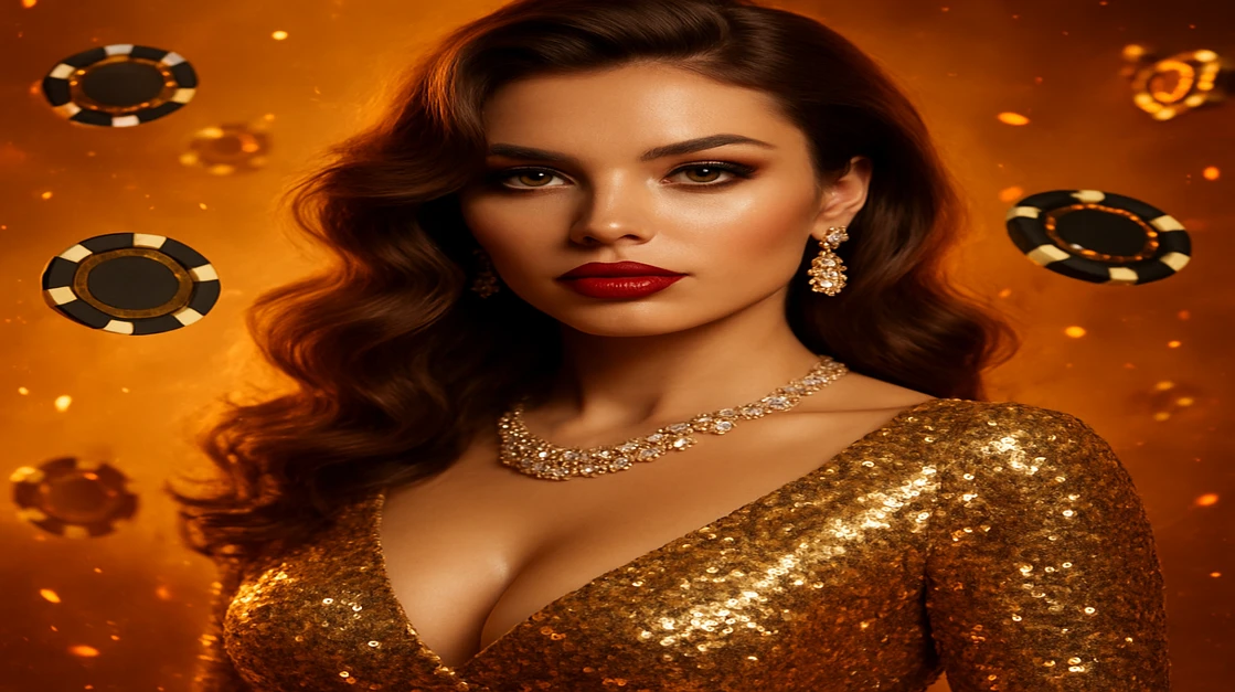 স্বর্ণালী পোশাক ও ঝলমলে কানের দুল পরা এক জাঁকালো নারী, ভাসমান গেমিং প্ল্যাটফর্ম-চিপ ও জ্বলজ্বলে আলোয় ঘেরা। এই দৃশ্যটি l444 game–এর ব্র্যান্ড কনটেন্ট হিসেবে উপস্থাপিত হয়; এই প্রোডাকশনটি l444 game–এর প্রোগ্রাম অংশ হিসেবে বিবেচিত হয়।