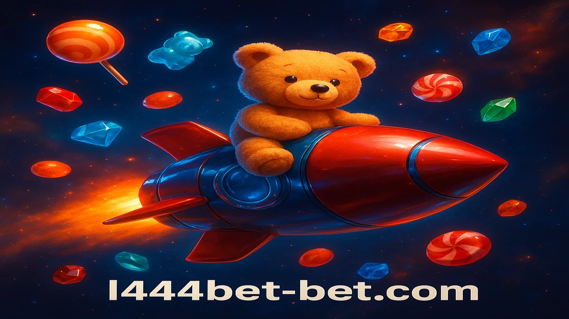 l444 game গেমিং প্ল্যাটফর্মে এক মিষ্টি টেডি বিয়ার সোনালি রকেটে চড়ছে, এর চারদিকে উড়ন্ত রংবেরঙা ক্যান্ডি ও মিষ্টি মহাশূন্য জুড়ে ছড়িয়ে আছে।